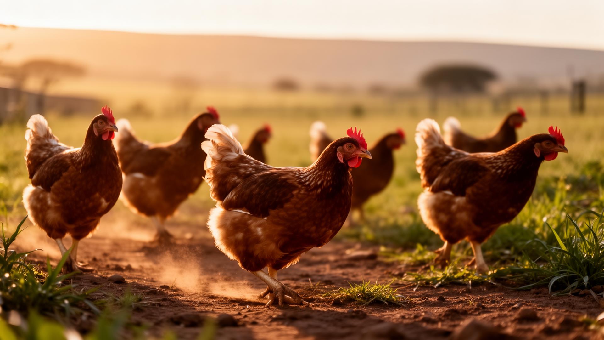 Pasture-raised hens at golden hour